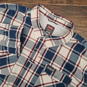 Wrangler Men Size 3XL Blue Checked Convertible Tuck Sleeves System Outdoor Shirt